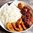 white rice , stew and plantain